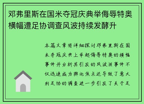 邓弗里斯在国米夺冠庆典举侮辱特奥横幅遭足协调查风波持续发酵升